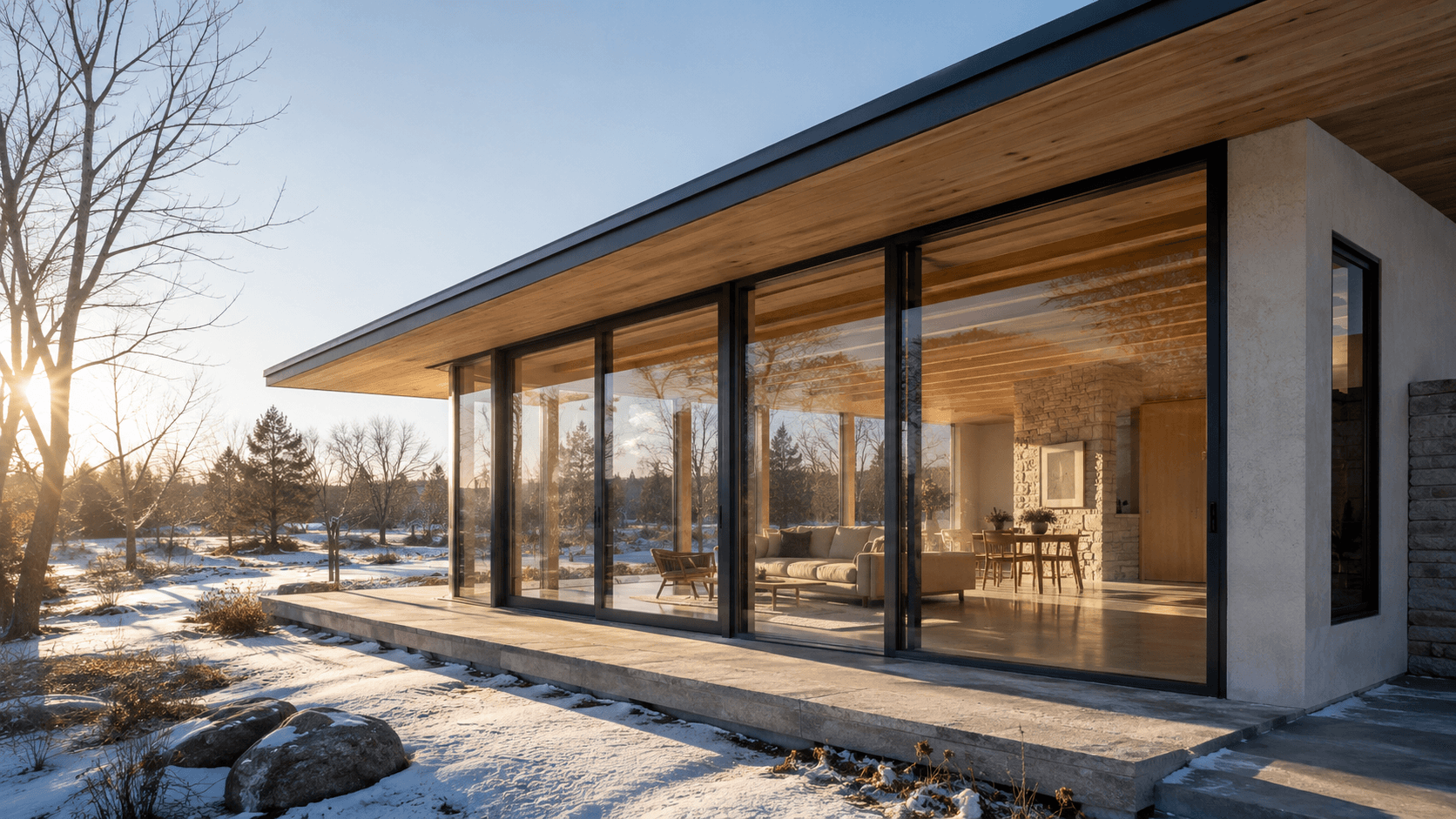 Minimalist home bathed in winter sunlight