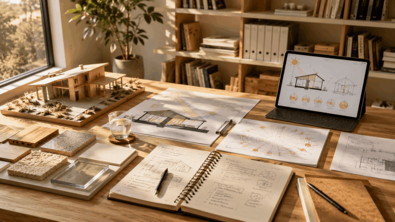 Modern architect workspace with sketches and models