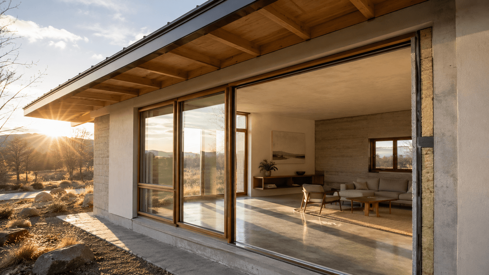 Modern minimalist home at golden hour