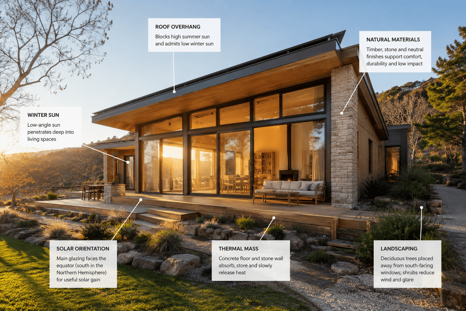 Modern passive solar home at golden hour