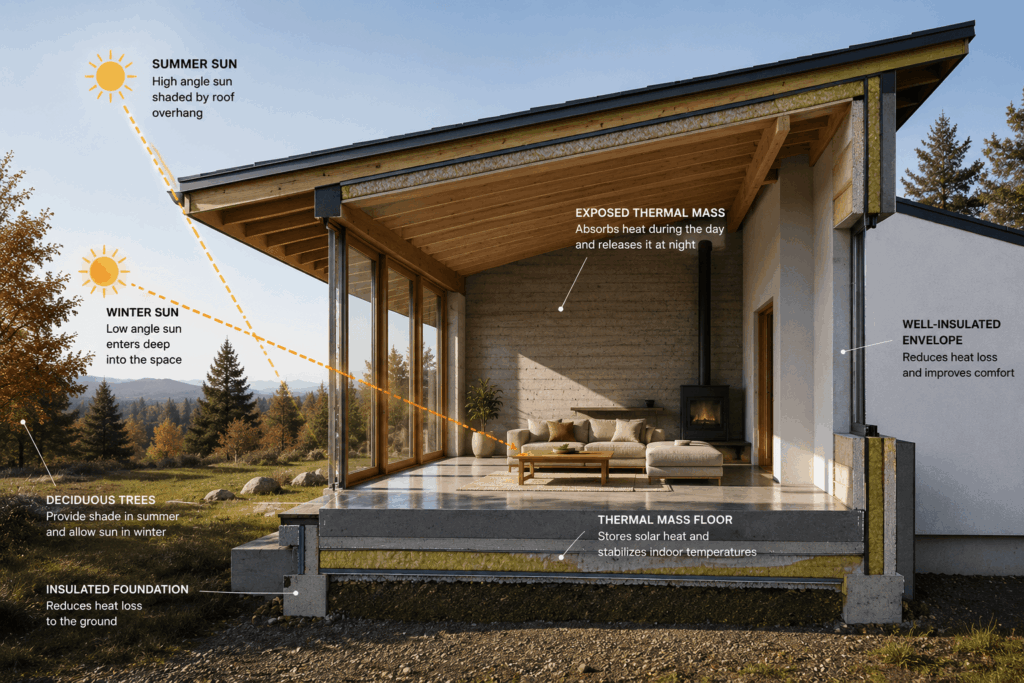 Solar passive house design illustration Solar passive house design illustration