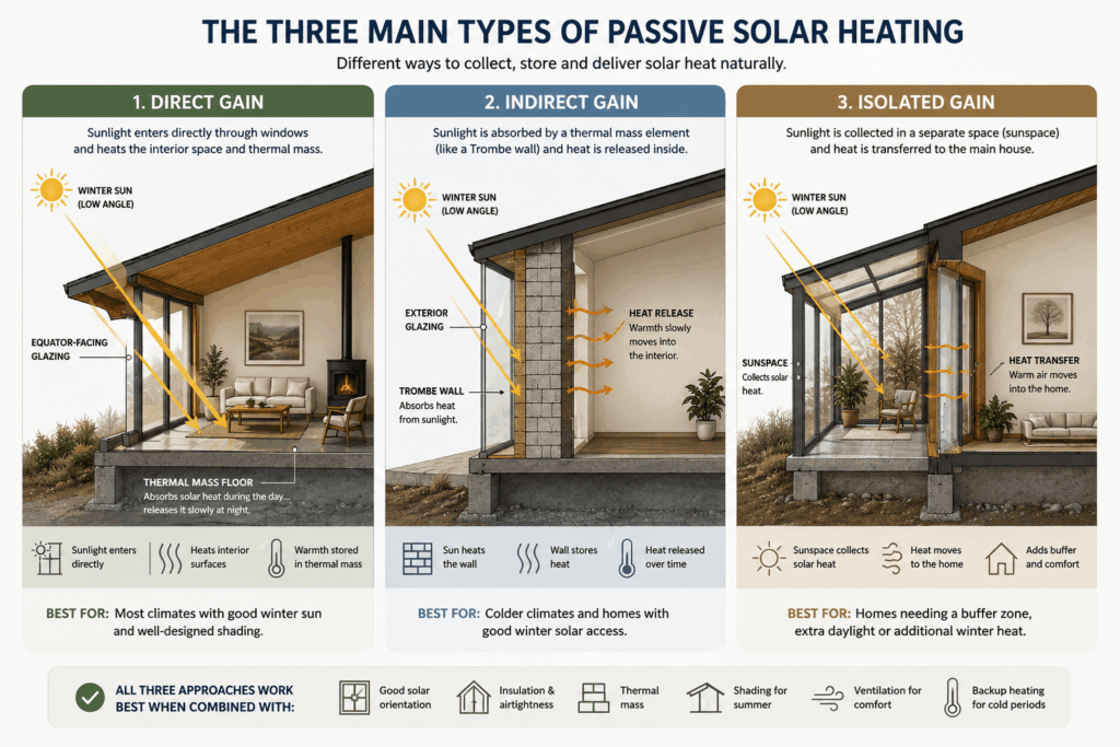 Three types of passive solar heating