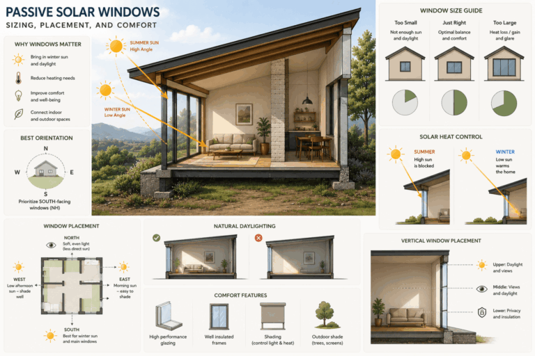Passive solar house section showing equator-facing windows, winter solar gain, summer shading, thermal mass floor, and daylight distribution.