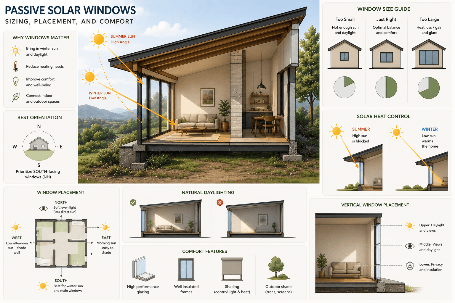 Passive solar house section showing equator-facing windows, winter solar gain, summer shading, thermal mass floor, and daylight distribution.