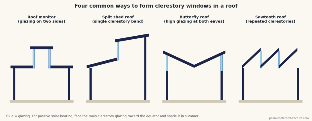 Four roof sections showing clerestory windows in a roof monitor, a split shed roof, a butterfly roof and a sawtooth roof.