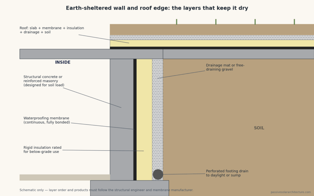 Section through an earth-sheltered wall and roof edge showing structural concrete, waterproofing membrane, rigid below-grade insulation, drainage mat, perforated footing drain and an earth-covered roof.