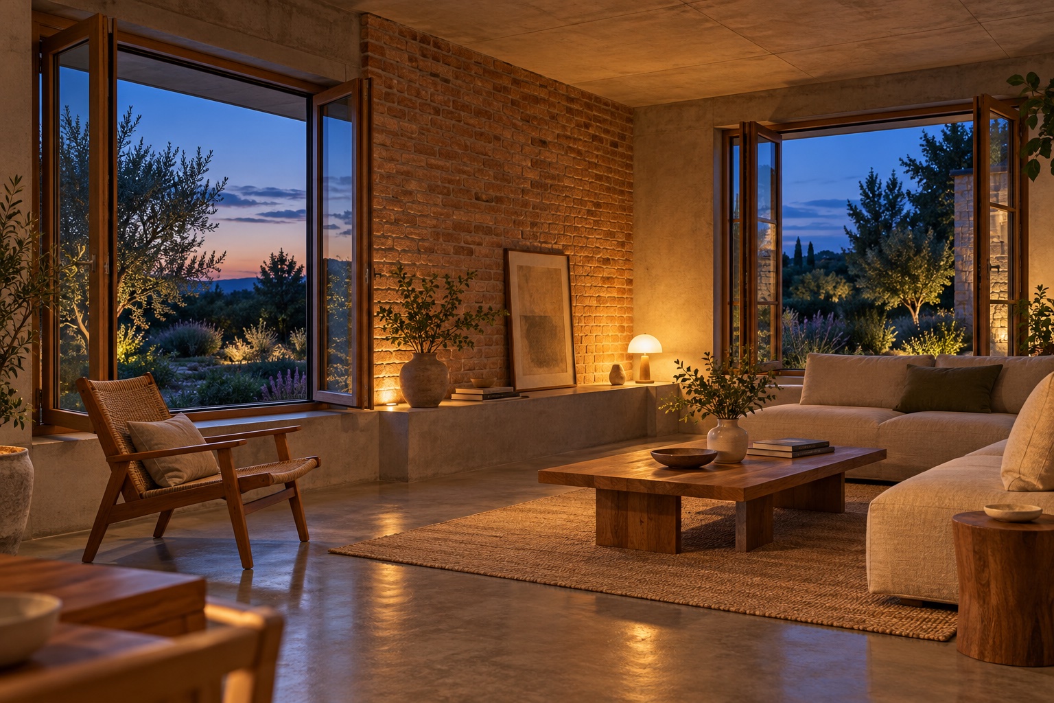 Architectural concept of a passive solar living room at dusk with exposed concrete flooring and open windows on opposite sides.