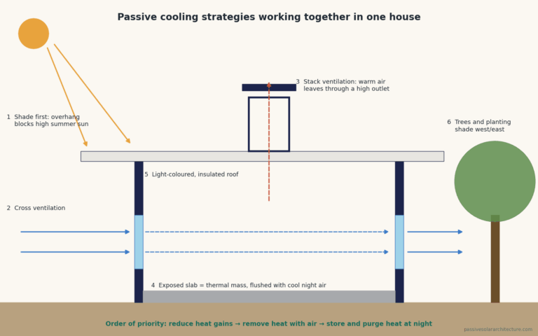 House section showing six passive cooling strategies: roof overhang shading, cross ventilation, a stack-ventilation outlet, an exposed slab flushed with night air, a light-coloured insulated roof and shade trees.