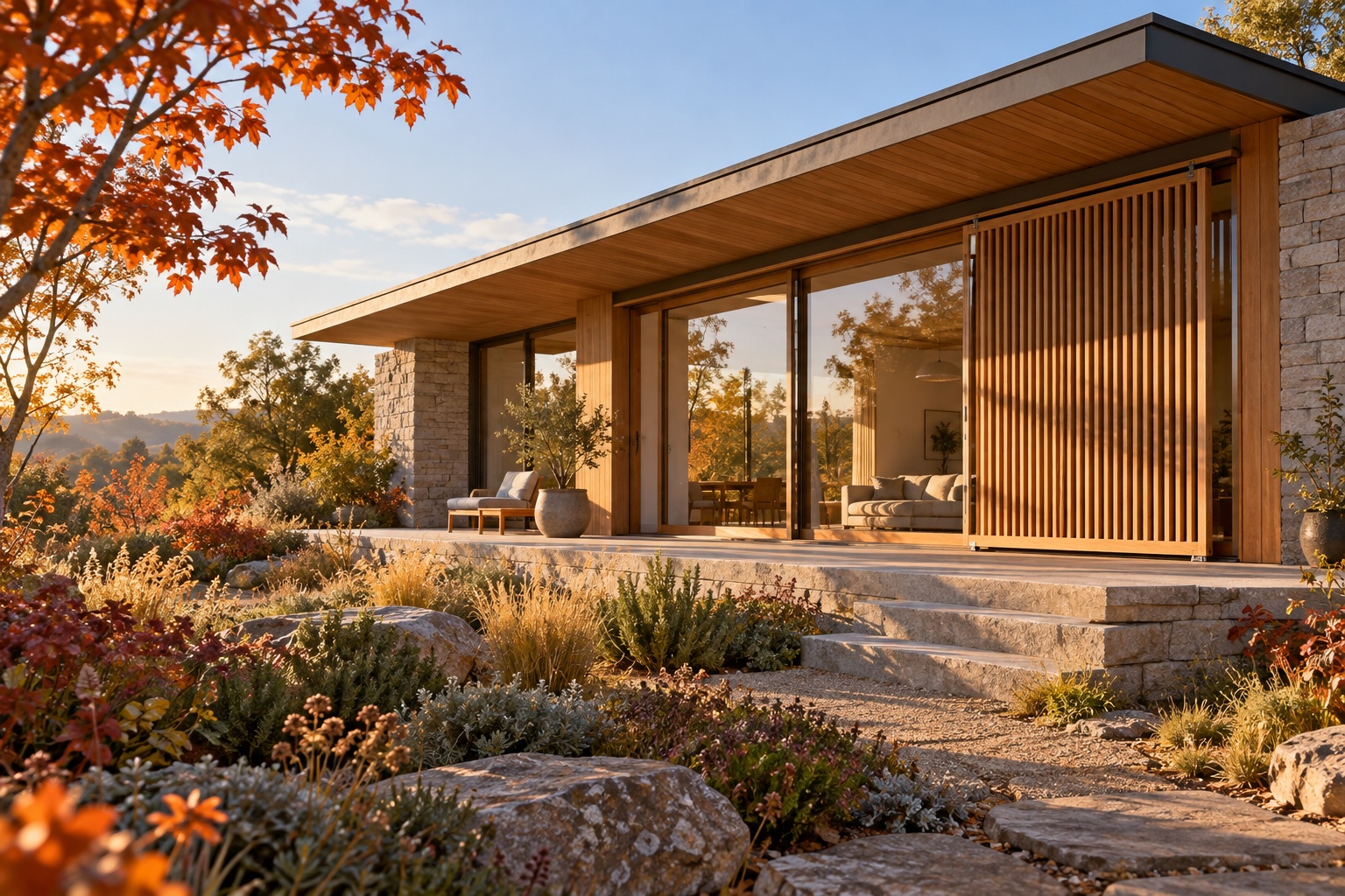 Architectural concept of a home with a fixed roof overhang and adjustable timber screen in warm autumn sunlight.