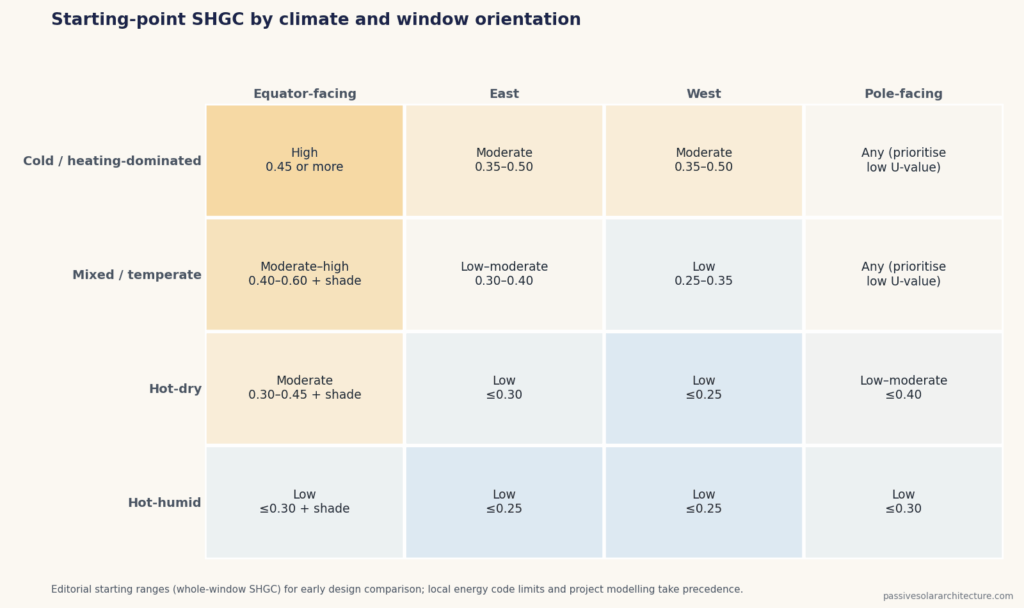 Matrix of starting-point SHGC ranges by climate type and window orientation.