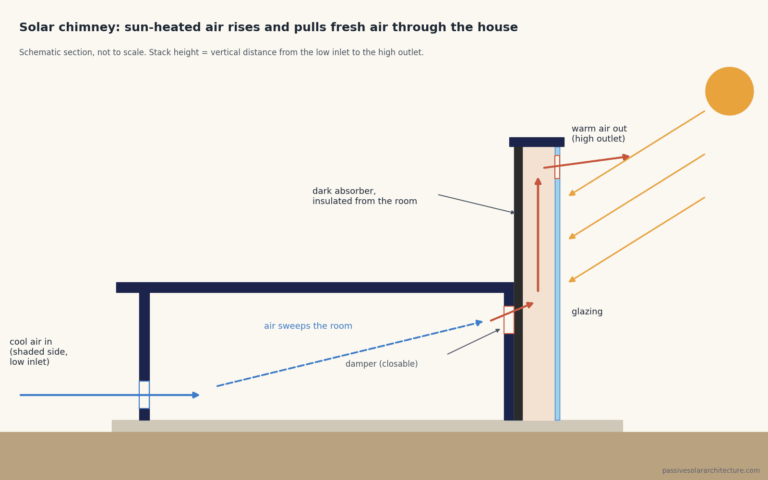 Section of a house with a solar chimney: cool air enters low on the shaded side, crosses the room, rises in the sun-heated shaft and leaves at the top